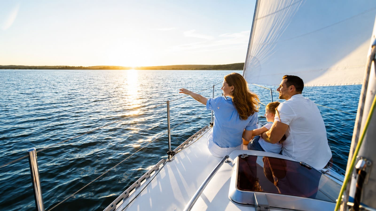 Familia navegando en velero hacia el atardecer