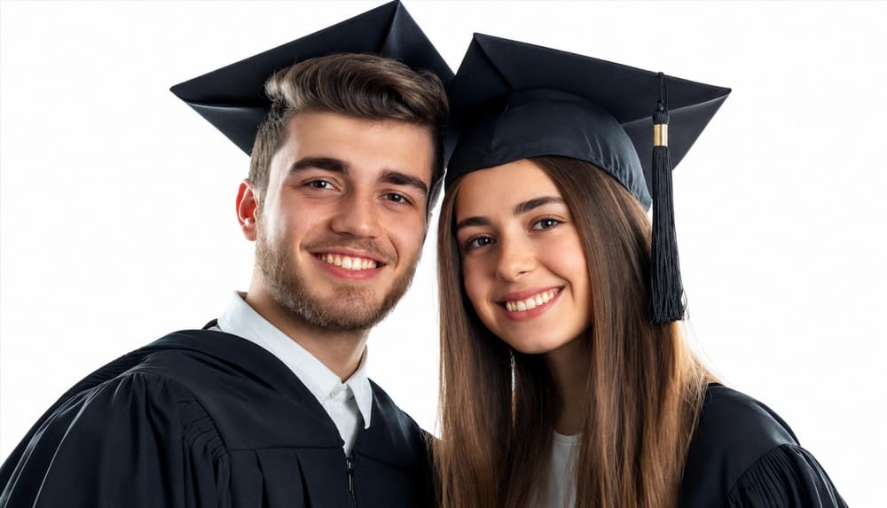 Estudiante sonriente el día de su graduación universitaria con su diploma