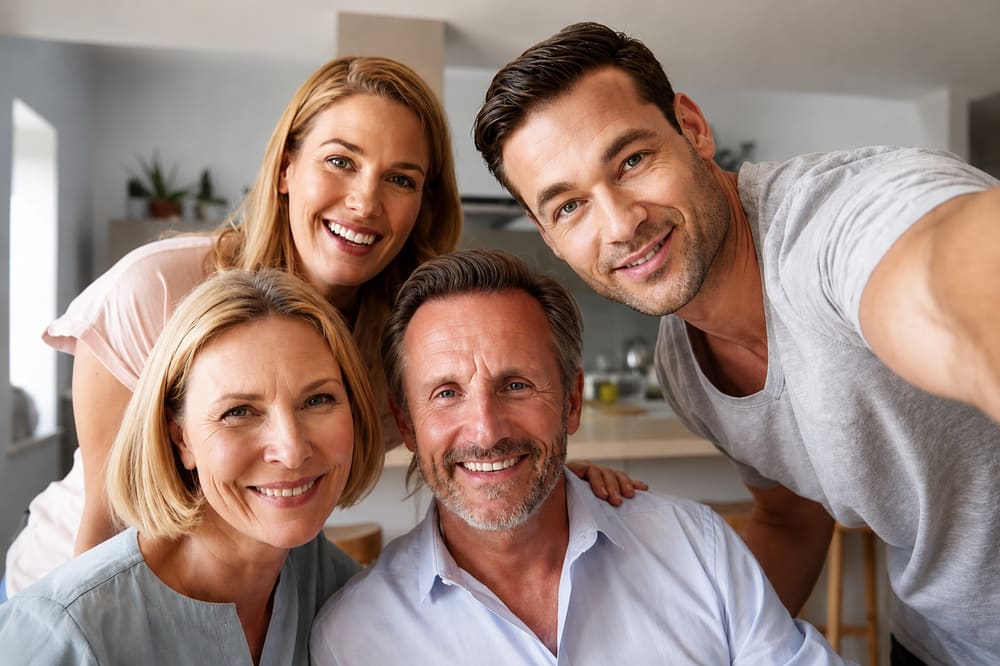 Familia de dos generaciones tomándose una selfie en casa — Seguro de Herencia y Estrategia Patrimonial